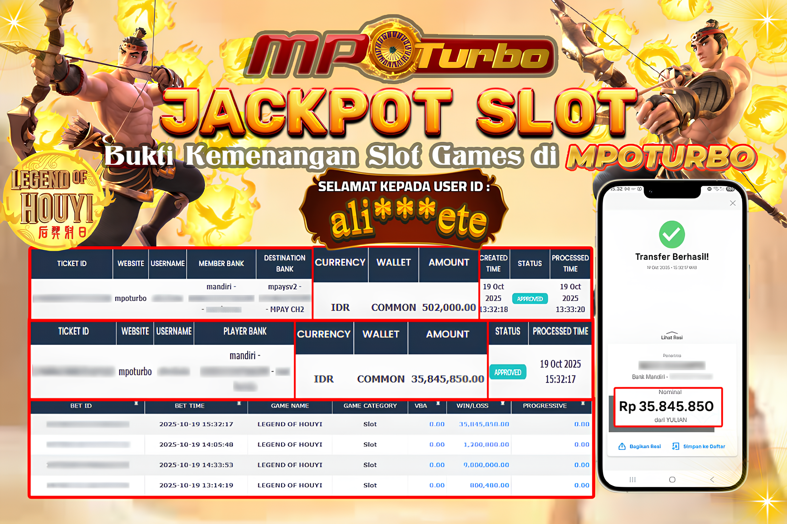 MPOTURBO JACKPOT LEGEND OF HOUYI - PG SOFT Rp 35,845,850.00,- LUNAS